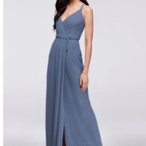David’s bridal bridesmaid dress. Double strap long georgette wrap in steel blue